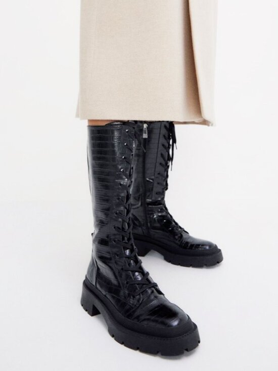 Zara Shoes - NEW! Zara Black Lug Sole Faux Croc Chunky Lace Zipper Tall Combat Boots 38 7.5